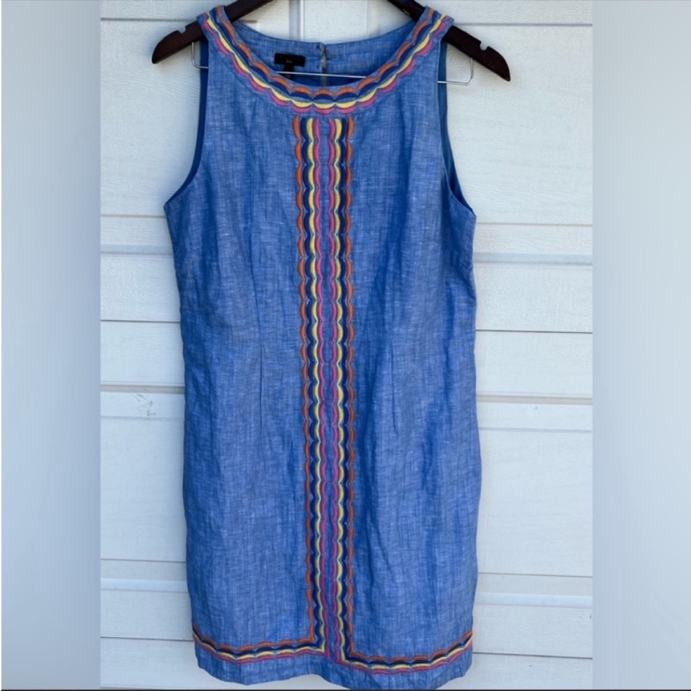 Talbots Blue Shift Dress sleeves less embroidered trim size 8P